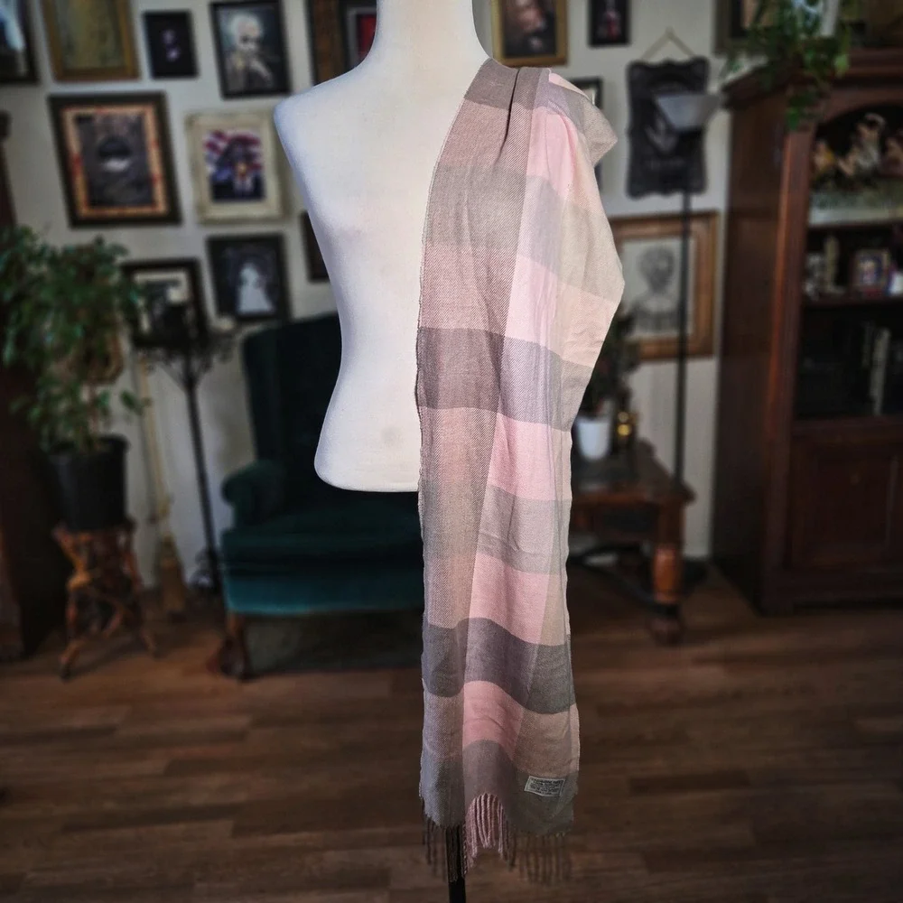 Pink Plaid Scarf Checkered Cashmere-Feel Soft Acrylic Winter Fringe 12x72 Wrap